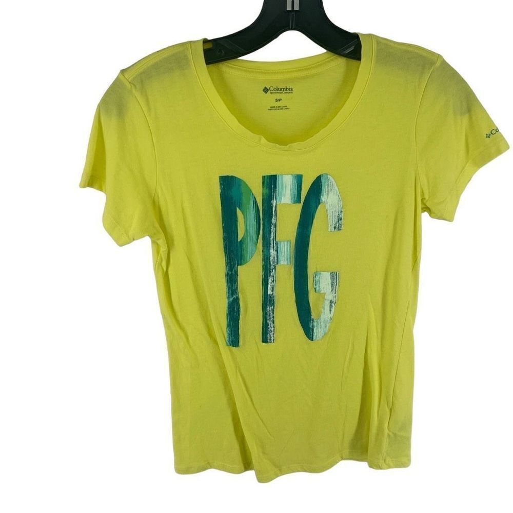 Columbia Women Round Neck T-Shirt Short Sleeve PFG Print Casual Yellow Small